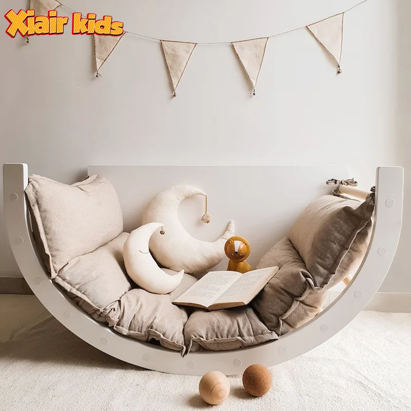 Xiair Kids Montessori Natural Color Wooden Rocking Chair Board Play Pickler Arch Child Waldorf Climbing Rocking Bed Toy With Mat