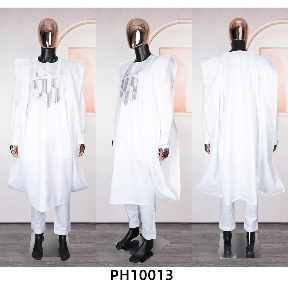 African Clothing For Men Embroidery Bazin Agbada Attire 3 Pieces Sets Dashiki Men Robe For Wedding