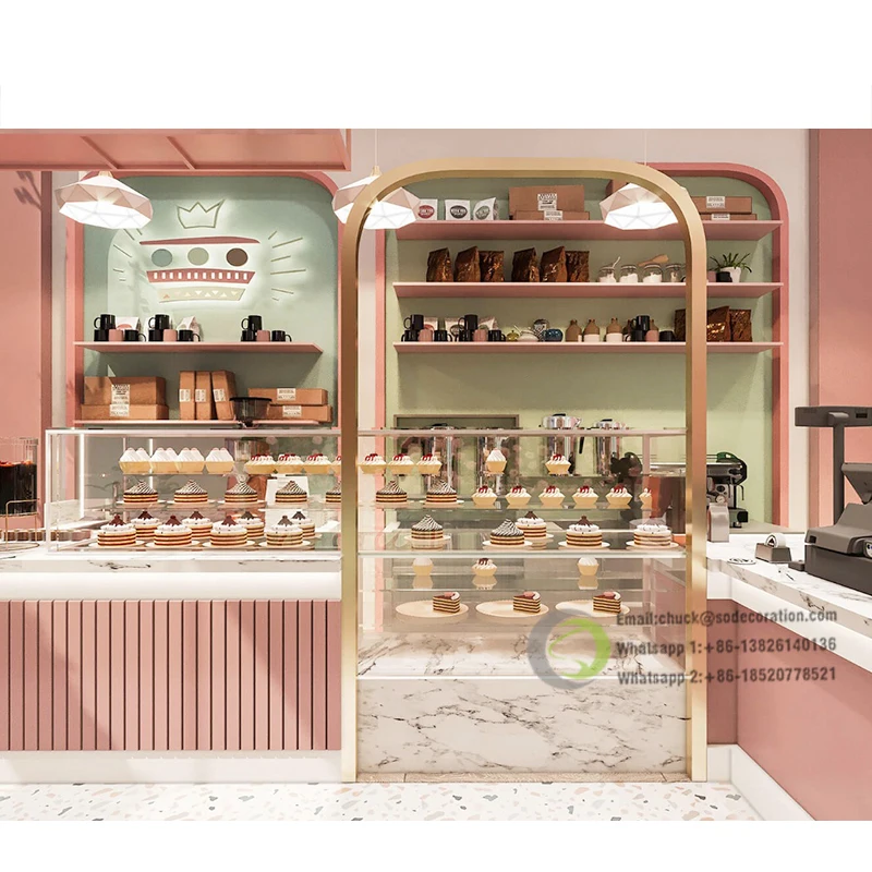 Custom Wooden Sweets Cafe Shop Furniture Glass Bakery Display Showcase Design Coffee Bar Counter for Sale