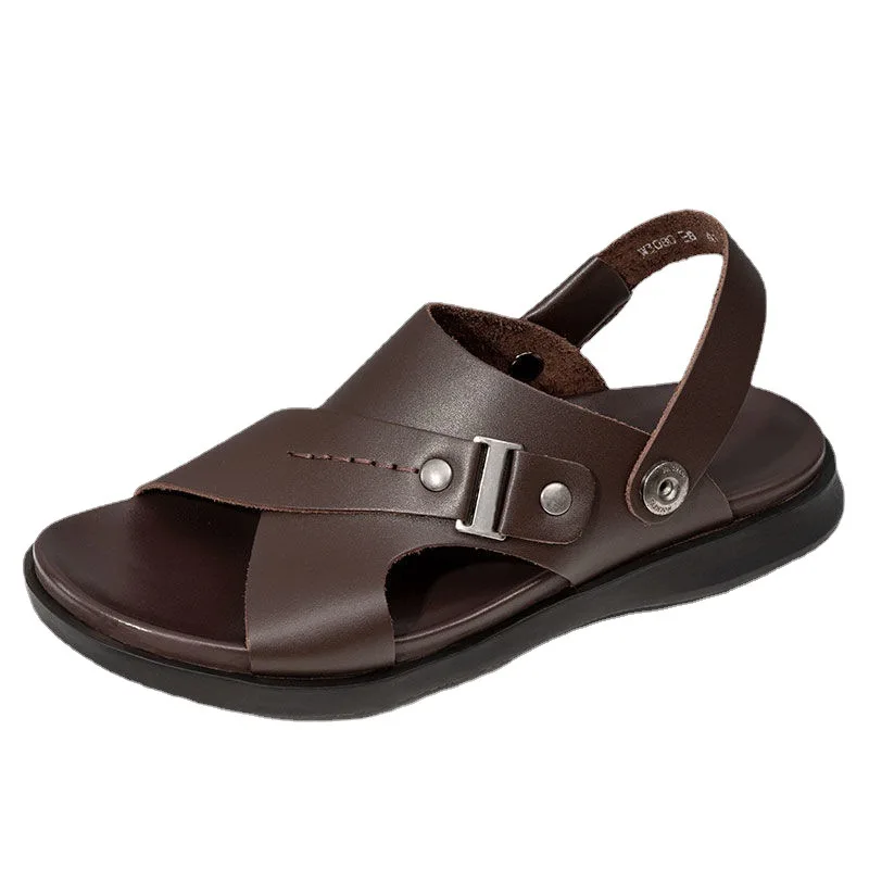 PDEP breathable cow leather flat men sandals 2021 summer brown buckle sandal for men non slip men leather casual sandals