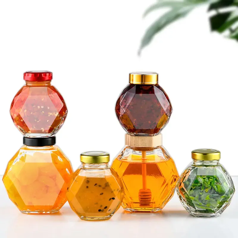 Embossing comb pattern condiment glass honey bottle jam honey glass jars Hexagonal Glass Honey Bottle with Wooden Stirring lid