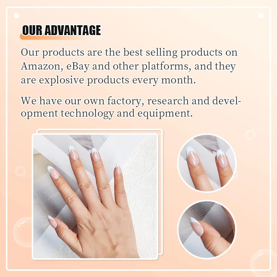 Private label Almond French acrylic false nails new fashion nude nails art light blue artificial fingernails faux ongles