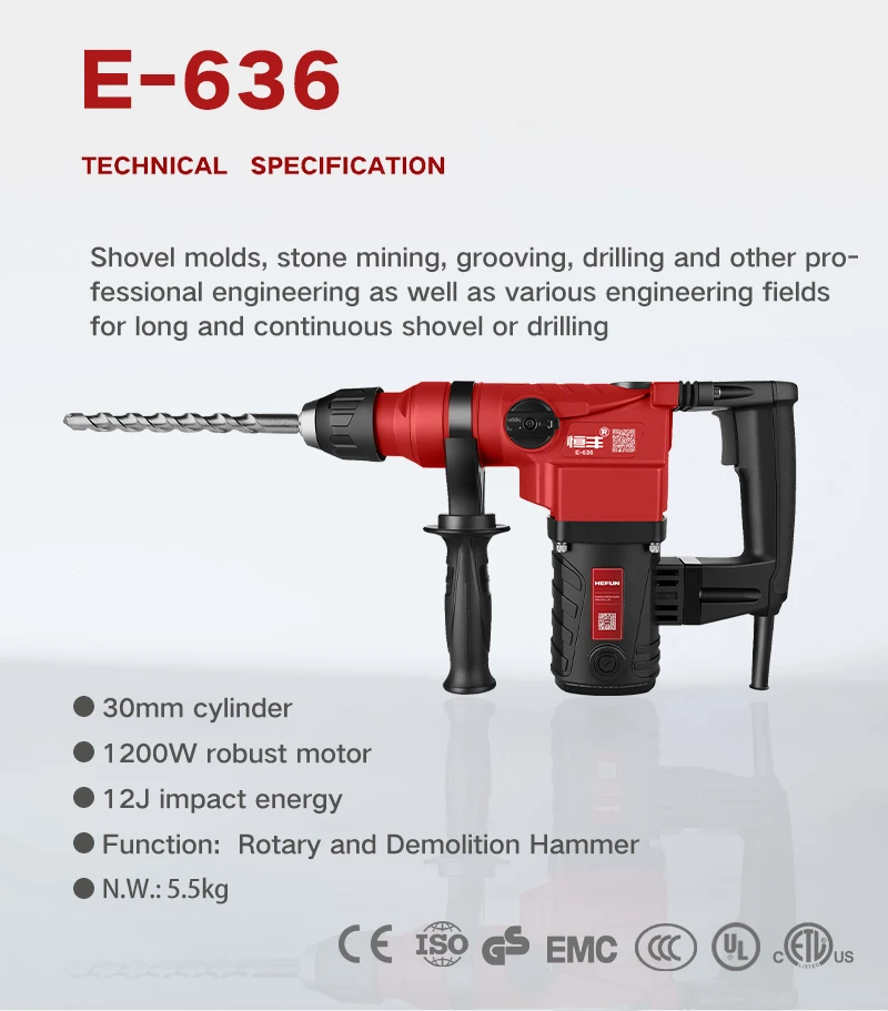 HEFUN E636 Rotary hammer drill 2 Functions, rotation & hammering, hammering 1200W