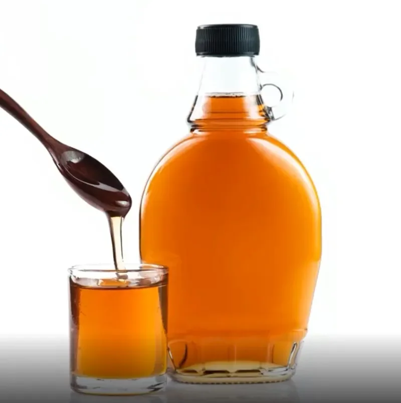 wholesale 12 oz Maple Syrup Bottles Glass Maple Syrup Bottles with Loop Handle with Black Ribbed PE Lined Caps