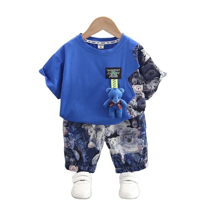 Summer Kids Clothing Bear Decor Toddler Boys Casual Two Piece Painted Outfit Set 0-5 Years Shorts Children Clothes Sets for Baby