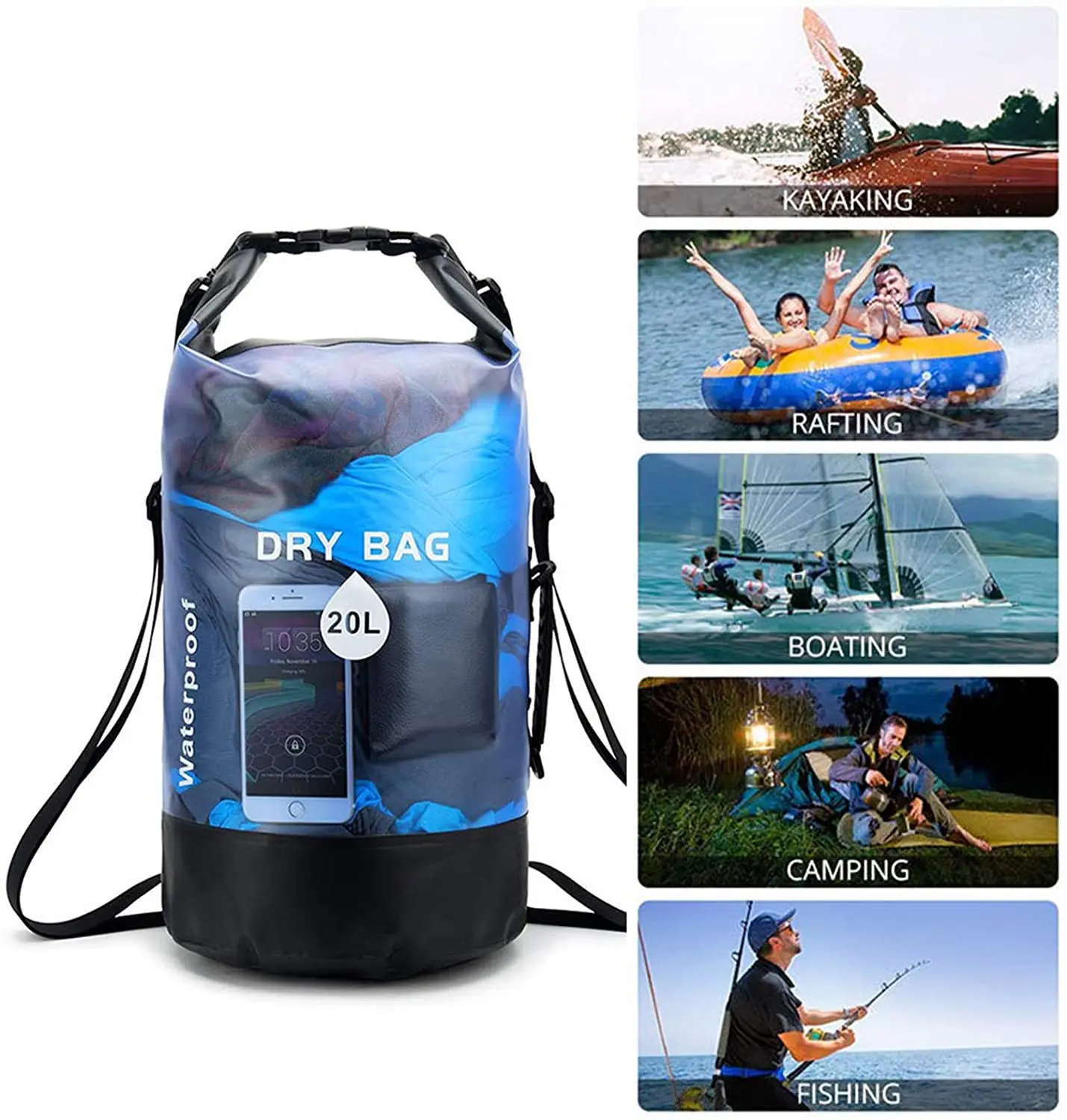 transparent Waterproof Dry Bag for Women Men, 5L/10L/20L/30L/40L Roll Top Lightweight Dry Storage Bag Backpack with Phone Case