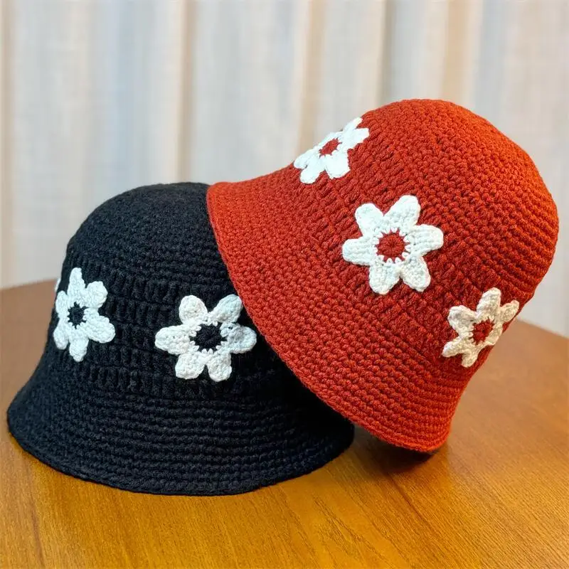 2025 New Personalized Flower Jacquard Solid Black White Red Coffee Grey Crochet Knitting Travel Sun Visor Bucket Cap Floral Hat