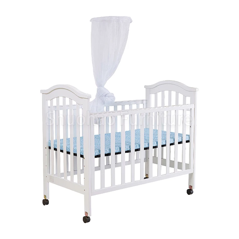 2022 New design product baby bed white wooden baby crib with net movable children cot