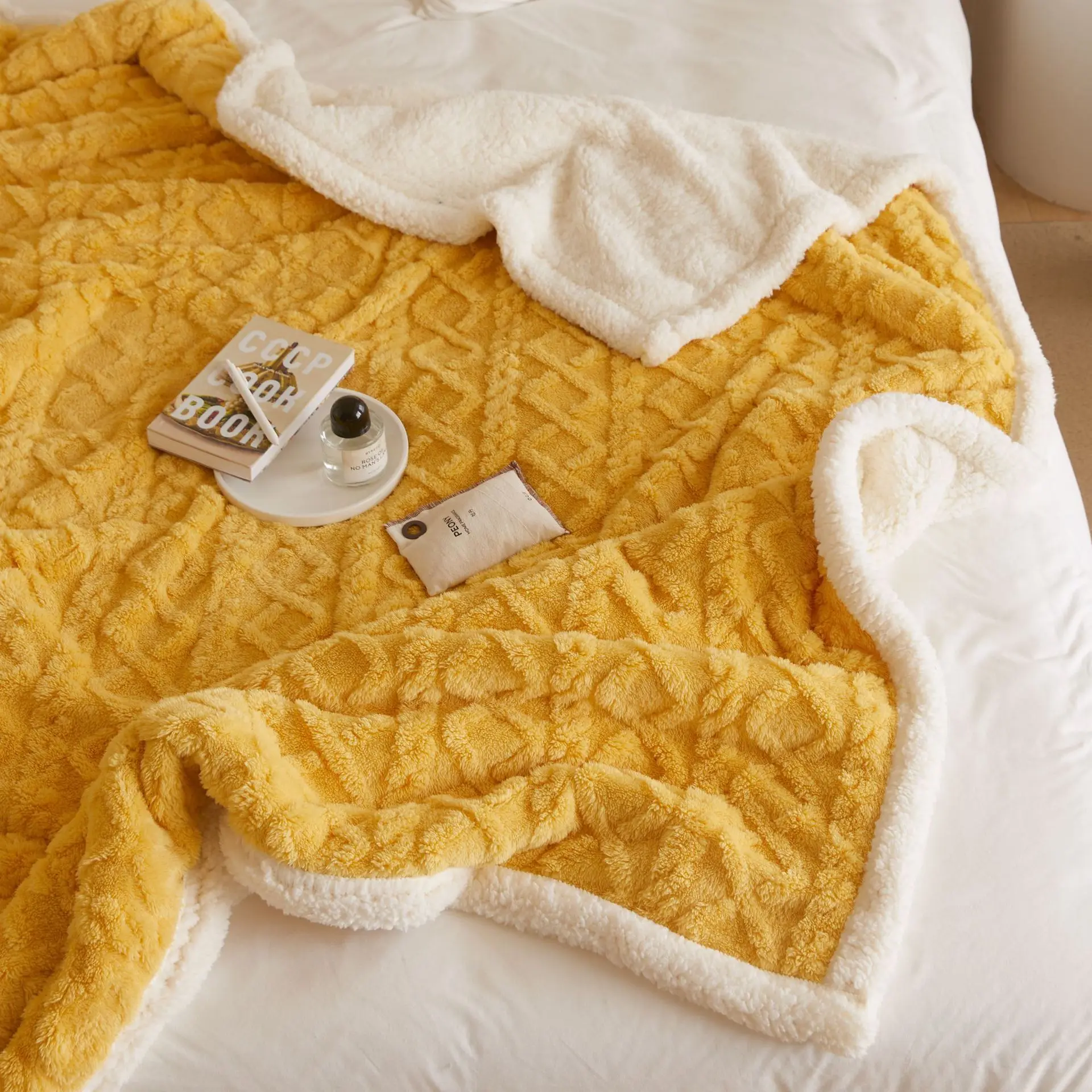 2022 Hot Sale Luxury Soft Winter Thickened Wool 320g Taffeta Jacquard Blanket Solid Color Large Lamb Velvet Leisure Blanket