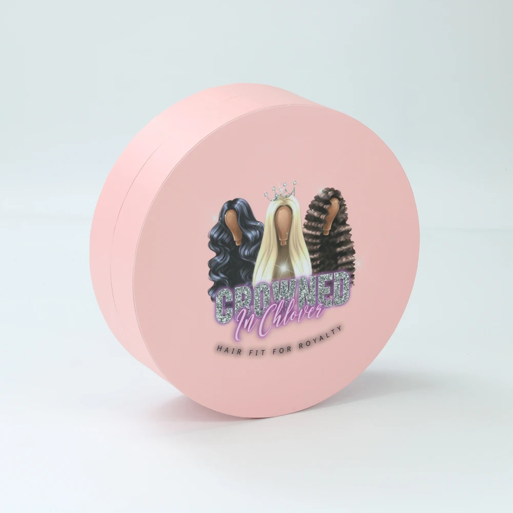 Luxury Custom Round Shape Rigid Paper Gift Box For Hair Extension Packaging With Satin Inside