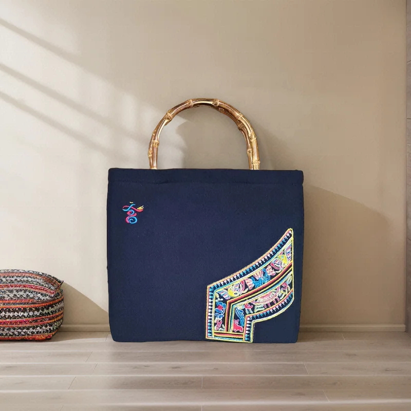 Женская разноцветная Наплечная Сумка с бамбуковой ручкой