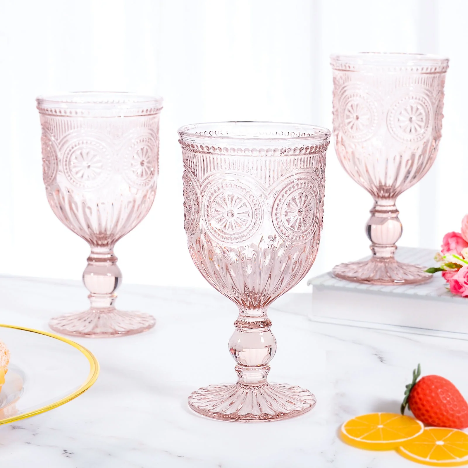 Vintage Elegant Machine Pressed Diamond Short Stem Water Glass Embossed Goblet Wine Glass