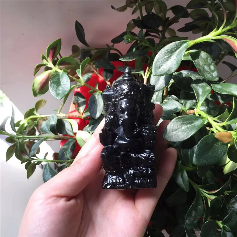 Hot sale natural hand carved healing quartz black obsidian crystal ganesha statue for decoration