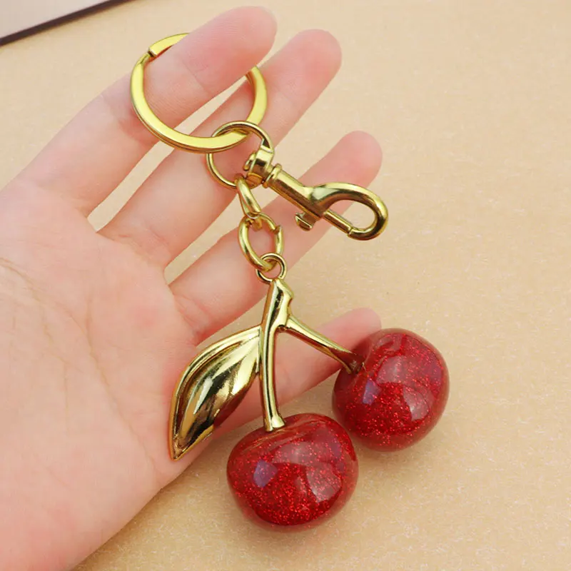 Xun Xin Promotional Creative Car Charm Small Gift For Girls Cherry Metal Key Chains Cute Fruits Acrylic Cherry Keychain