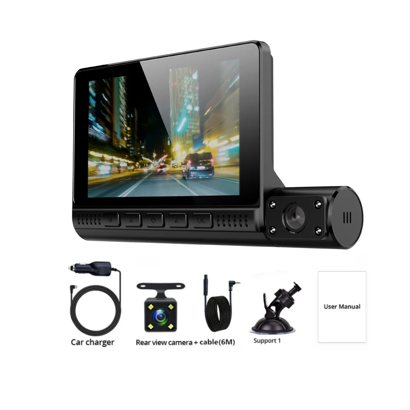  Прямая продажа Автомобильный видеорегистратор 3 объектива камеры Dashcam 1080P HD 4 дюймовый сенсорный экран авто видеомагнитофон фронтальная камера заднего вида 24 часа в сутки черный