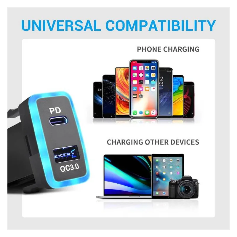 Toyota Vigo PD Type C USB Power Socket, USB C & Quick Charge 3.0 Car Charger USB Adapter Port Socket for Smartphone/Pad/Tablet