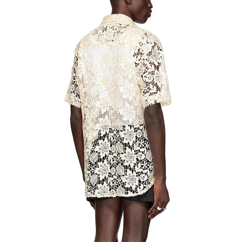 Button Hollow Out Lace Shirt Fashion High Quality Square Collar Short Sleeve Custom Men Beige Yellow Summer Flannel Fabric