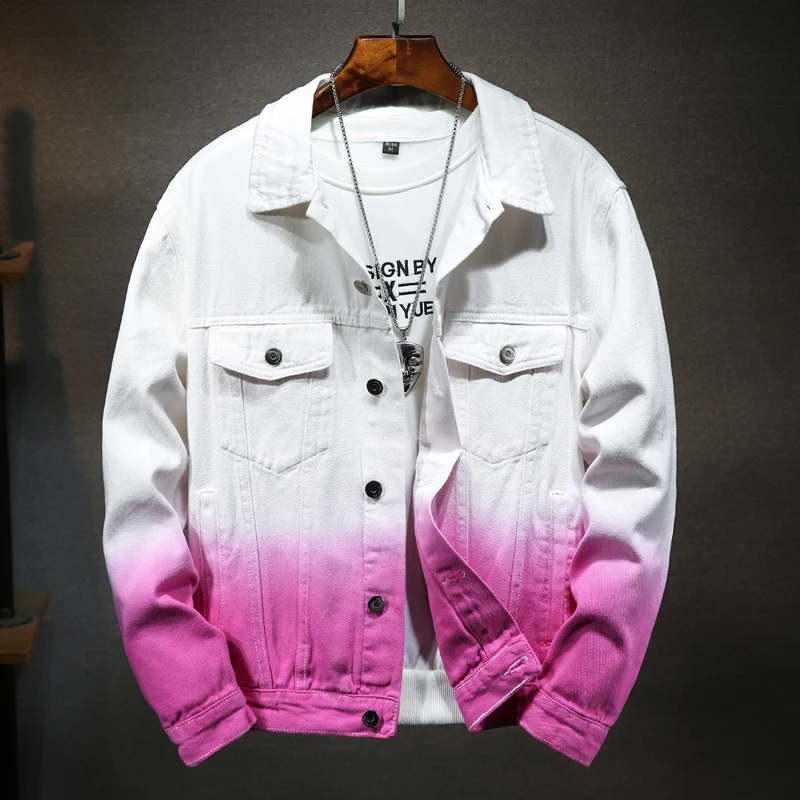 New Denim Jacket Hip Hop Streetwear Fashion Loose Men Gradient Red Blue Black White Design Jeans Jacket