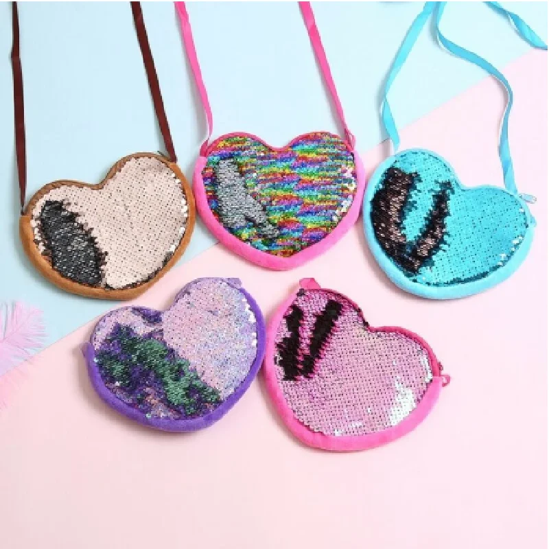 Custom New Fashion Crossbody Coin Bag for Kids Sequins Heart Shape Mermaid Cartoon Purse Mini Wallets for Baby Girls