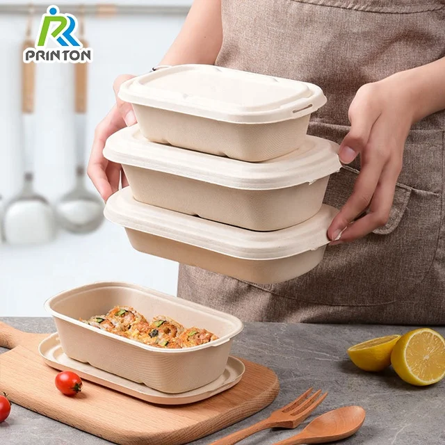 Printon disposable eco friendly to go sugarcane packaging lunch bento boxes custom logo for frozen food container