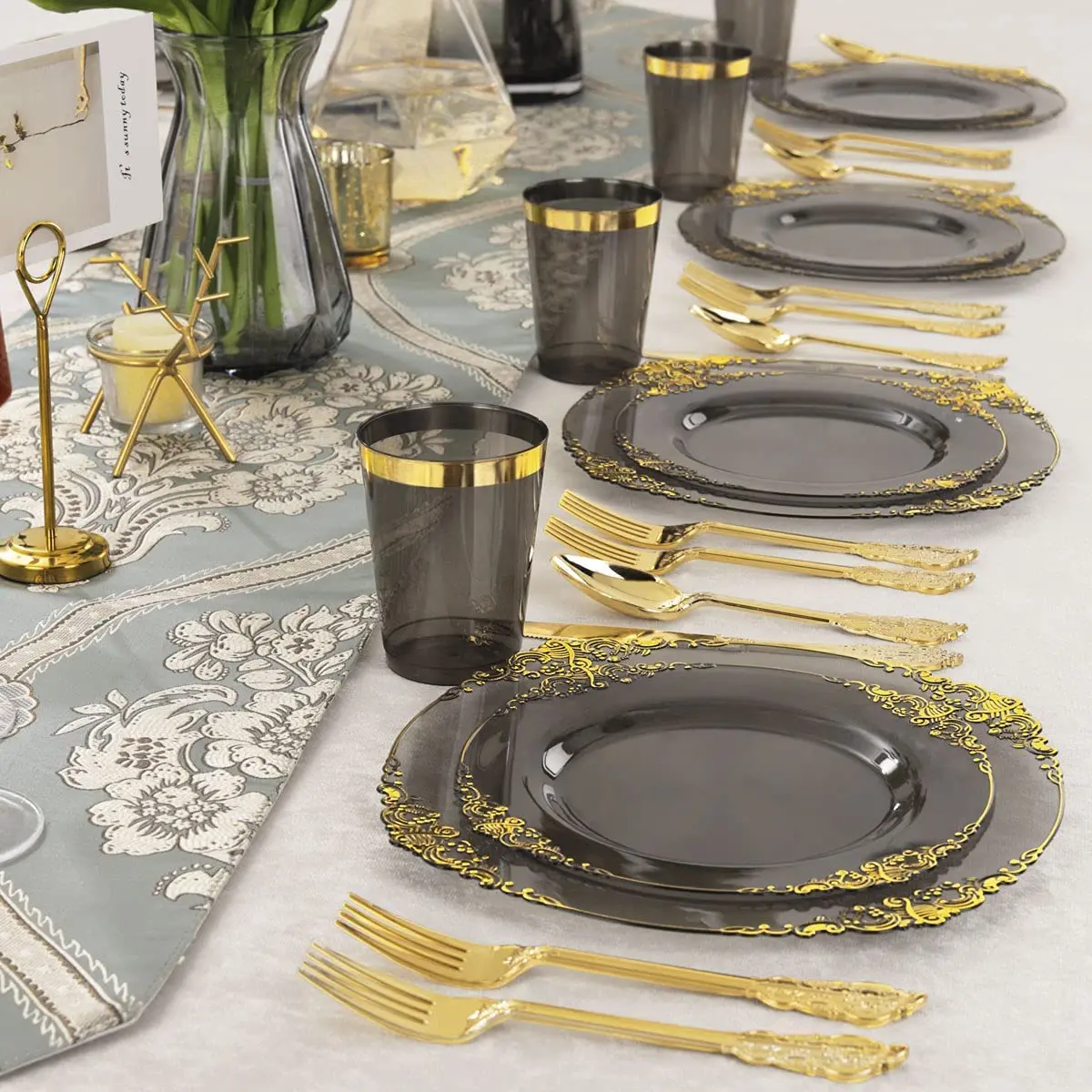 Tabletex Gold Rim Clear Superior Quality Disposable Plastic Square Dinnerware Sets