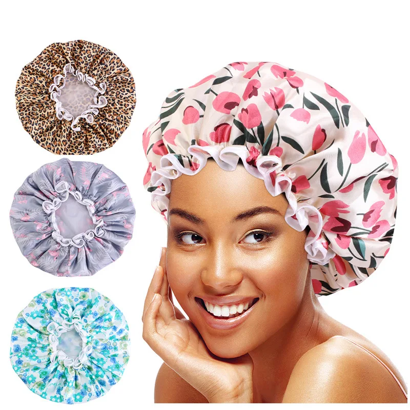 Syh779 Flower Pattern Women Sleep Bonnet Printed Satin Wide Elastic Band Female Hair Custom Hair Tie Fashion Beanie Sleep Cap