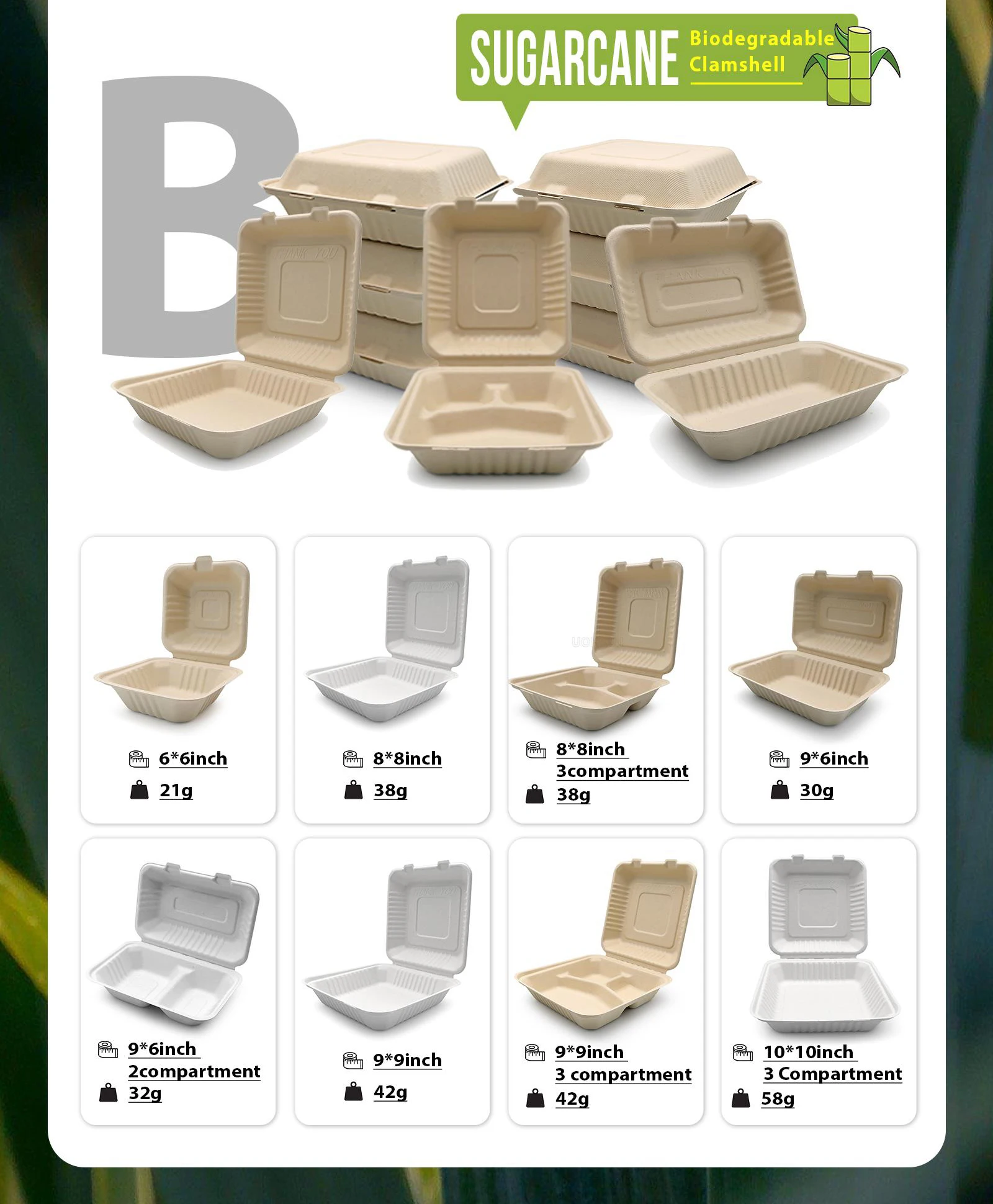 FULING Disposable Bagasse Eco-Friendly Biodegradable Take Out Food Containers Sugarcane Clamshell To Go Lunch Box