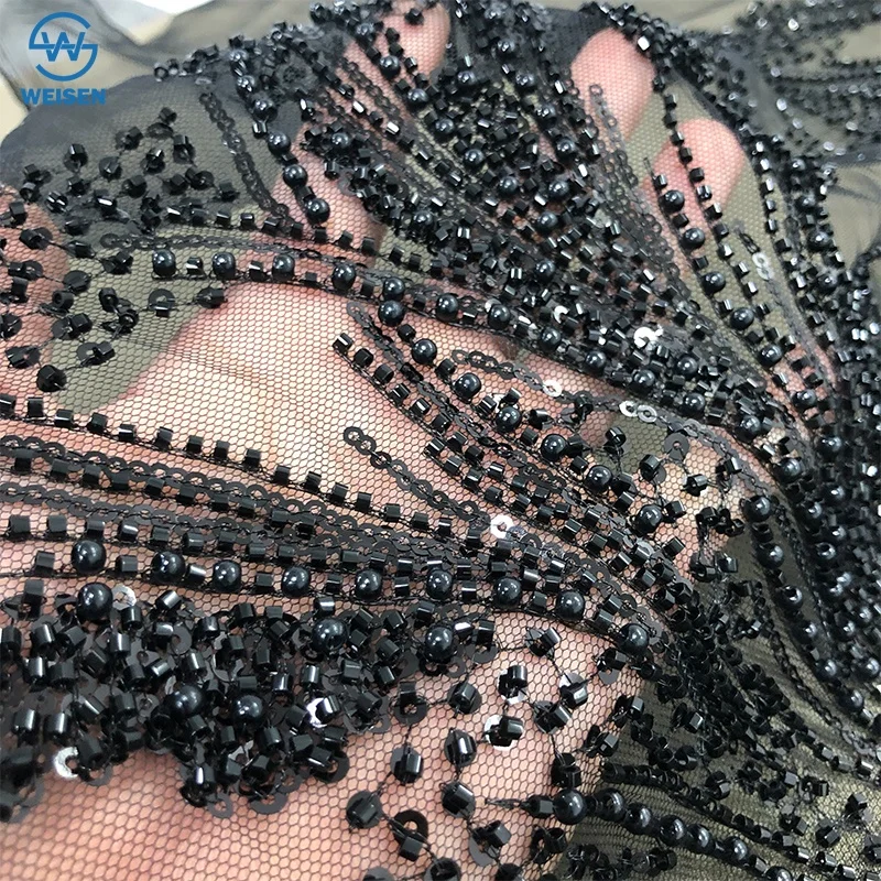 Luxury wedding sheer French lace sequins handmade tube bead lace fabric with gemstone beaded sheer lace WS3388