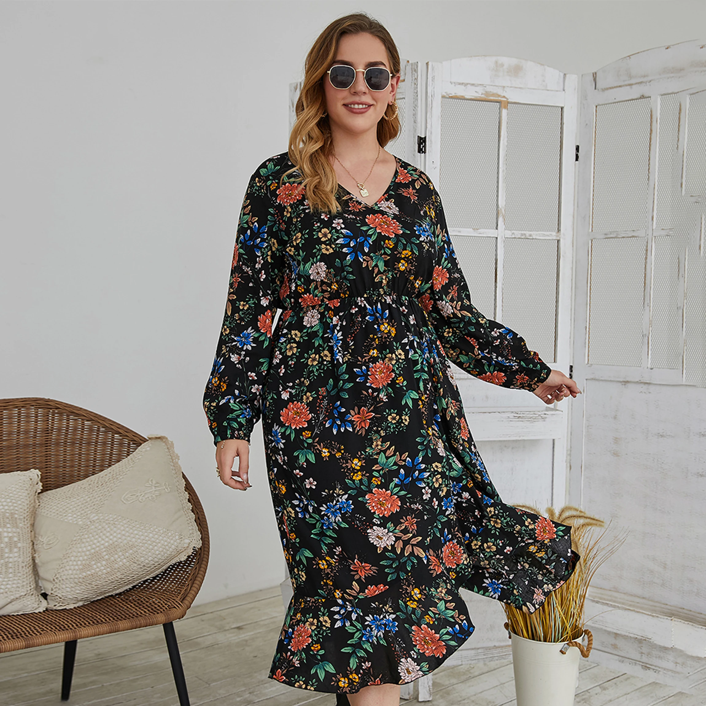 plus-size loose Korea style floral print fashion boho style casual long sleeve high-waisted women dresses [E2T]
