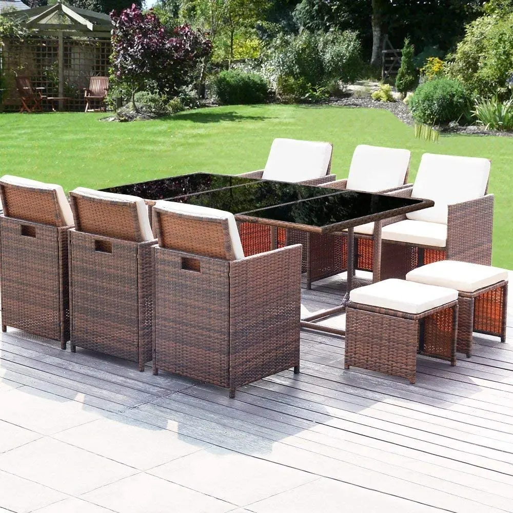 11 pieces Garden Sets Outdoor Furniture Dining Set Rattan Furniture Cushioned Tempered Glass W/Ottoman Brown(PE Rattan)