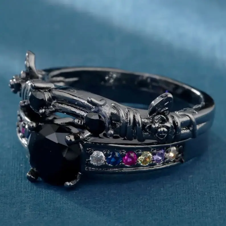 Fashion Jewelry Multiple Diamonds Black Gold Colored Zircon Wedding Ring Set