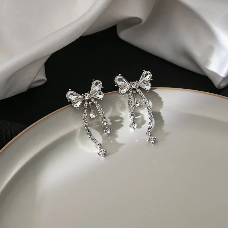 Korean Micro Pave Crystal Bow Earring Luxury Unique Geometric Earrings for Women Party Jewelry