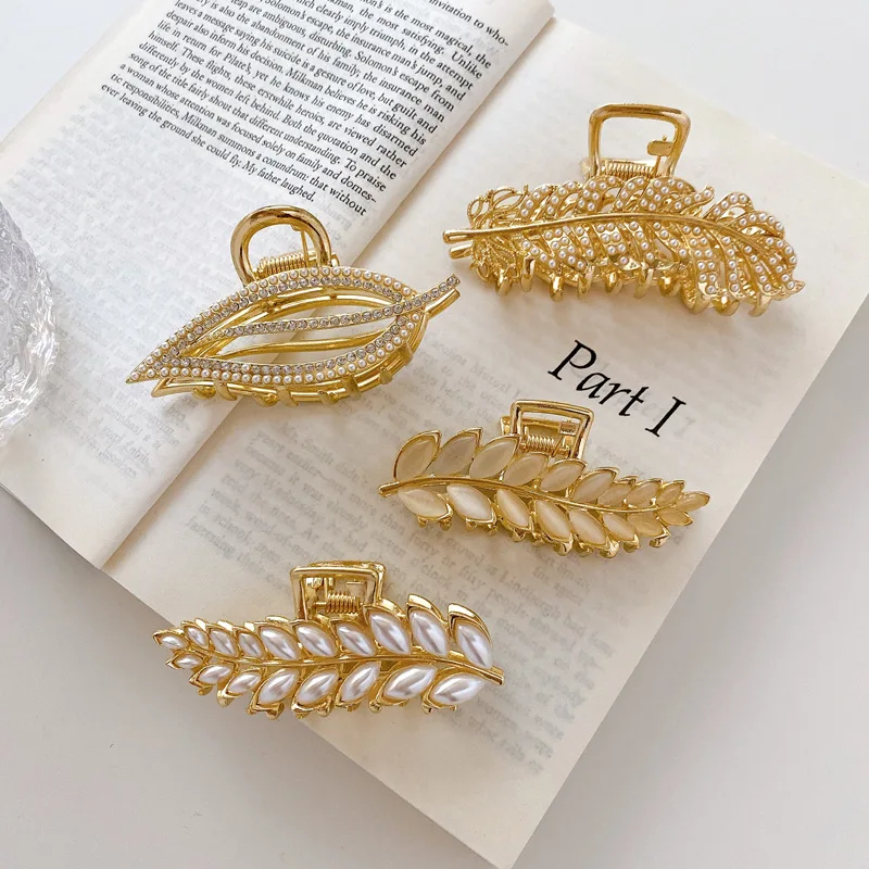 Korean INS Fashion Temperament Hair Clamps Metal Alloy Leaves Pearl Rhinestone Hair Crab Clip Claw