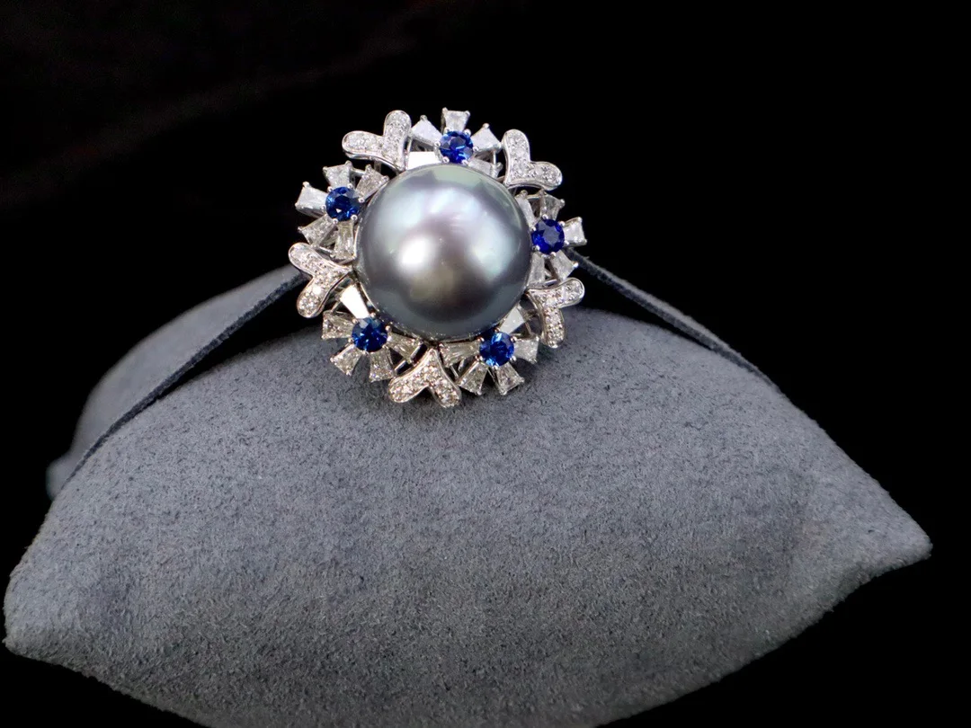 Luxury Sapphire Gold Ring Jewelry 14-14.5mm Black tahitian Sea Pearl Ring with 18K Gold Diamond Flower Ring for wedding