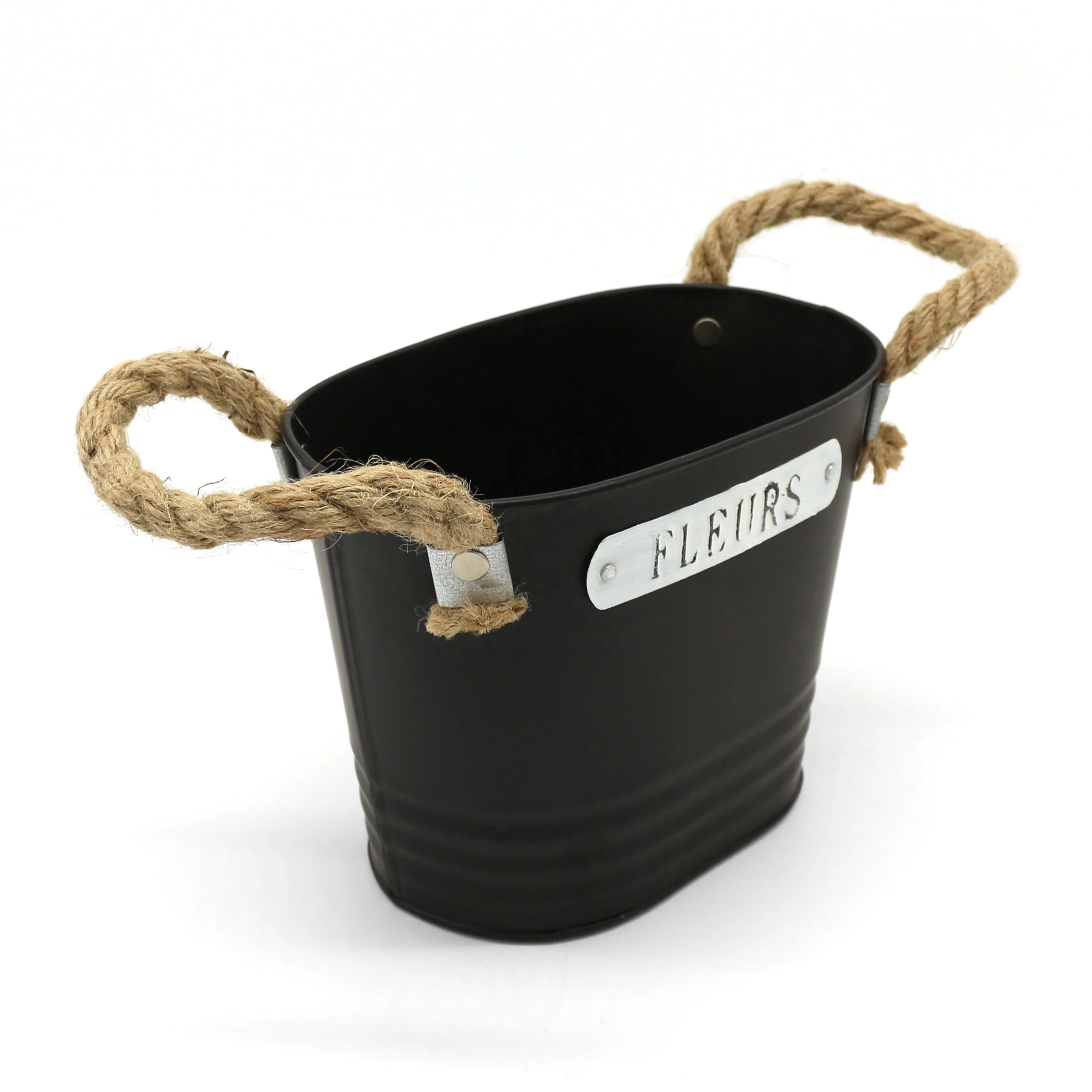 Primitive Matt Black Metal Tin Planter with Hemp Rope handle, Rustic Oval Metal Flower Pot Garden Bucket for Indoor or Outdoor