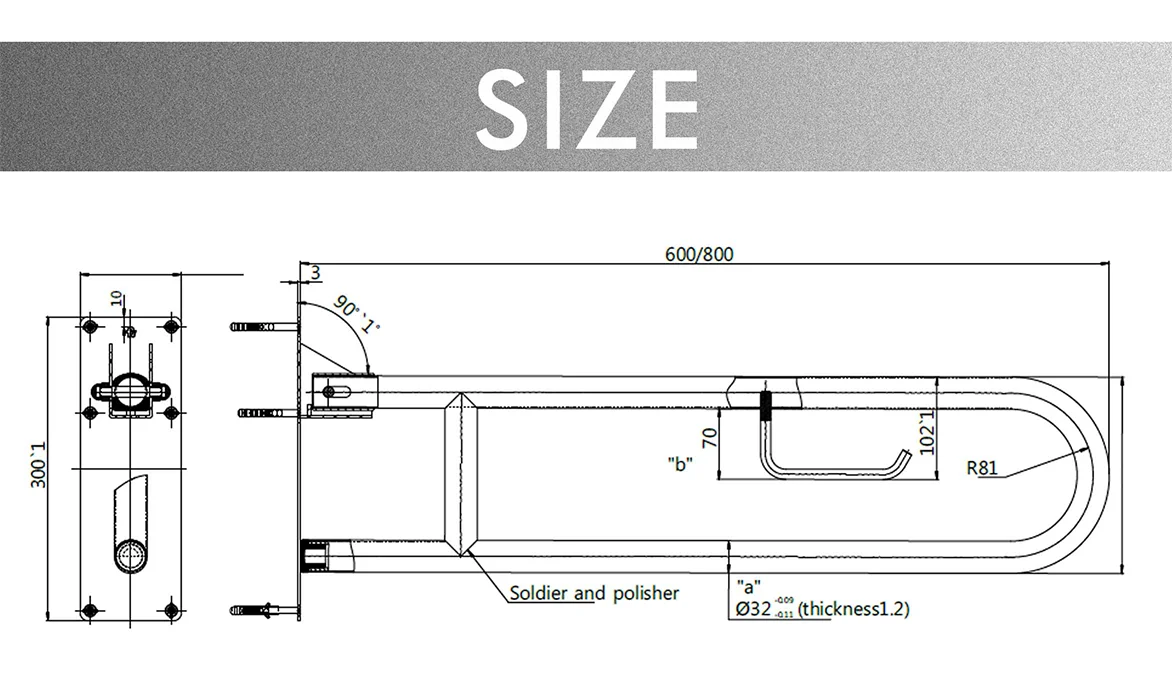Ss304 Stainless Steel Handrail Wall Non-Slip Handle Toilet Handicap Elderly Safety Grab Bar