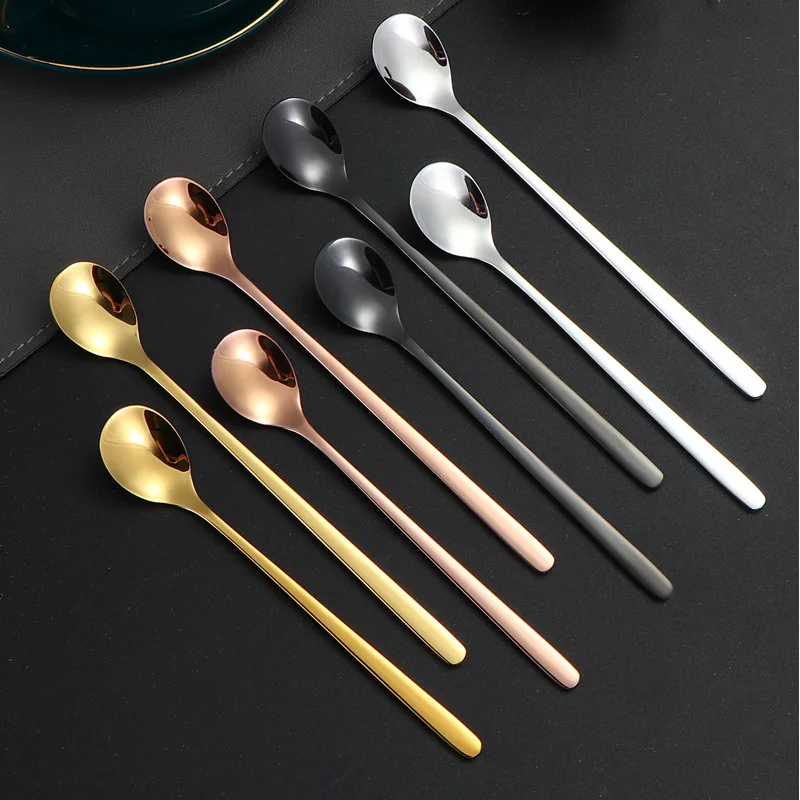 Golden Round Stainless Steel Teaspoon Long Handle Tea Spoon Latte Mixing Gold Cutlery Spoon Set Ice Cream Coffee Spoons
