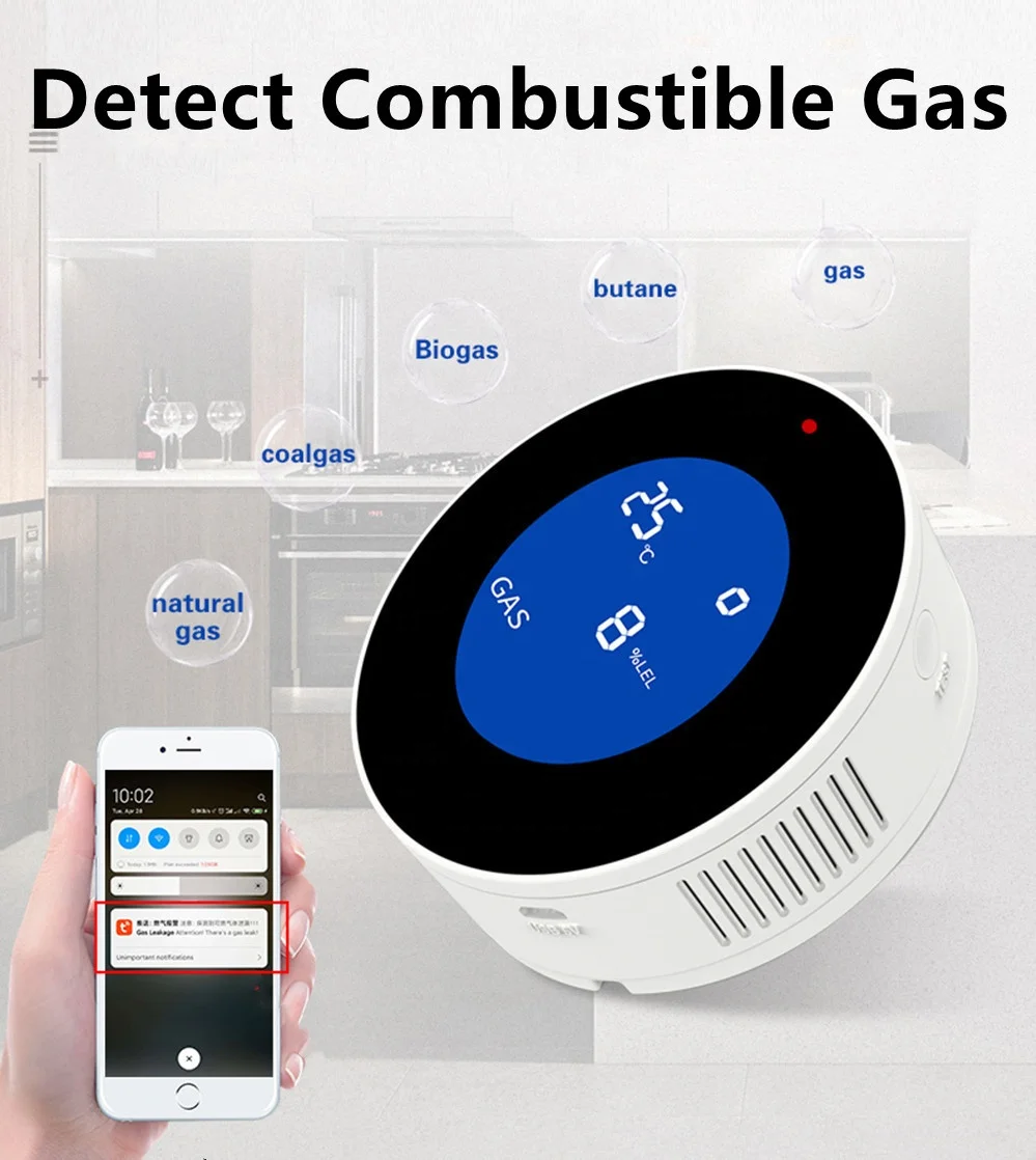 Tuya WiFi 2.4G Smart Home Security Alarm Domestic LPG Natural Gas Detector with Sound and Voice Warning