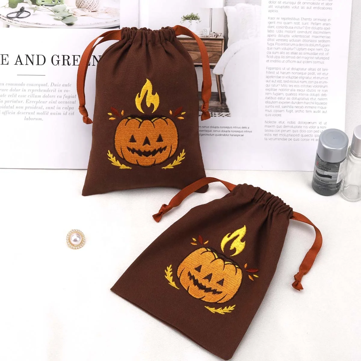 Custom Embroidery Halloween Candy Packing Cotton Linen Pouch Drawstring Cotton Gift Bag With Ribbon