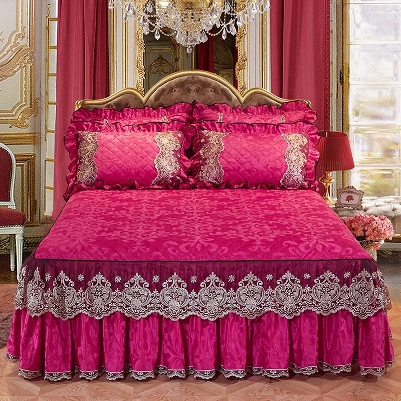 European Mattress Cover Bed Skirt Bedspread Princess Bedding Ruffled Velvet Lace Embossed Pattern-S Quilted Bed Cover