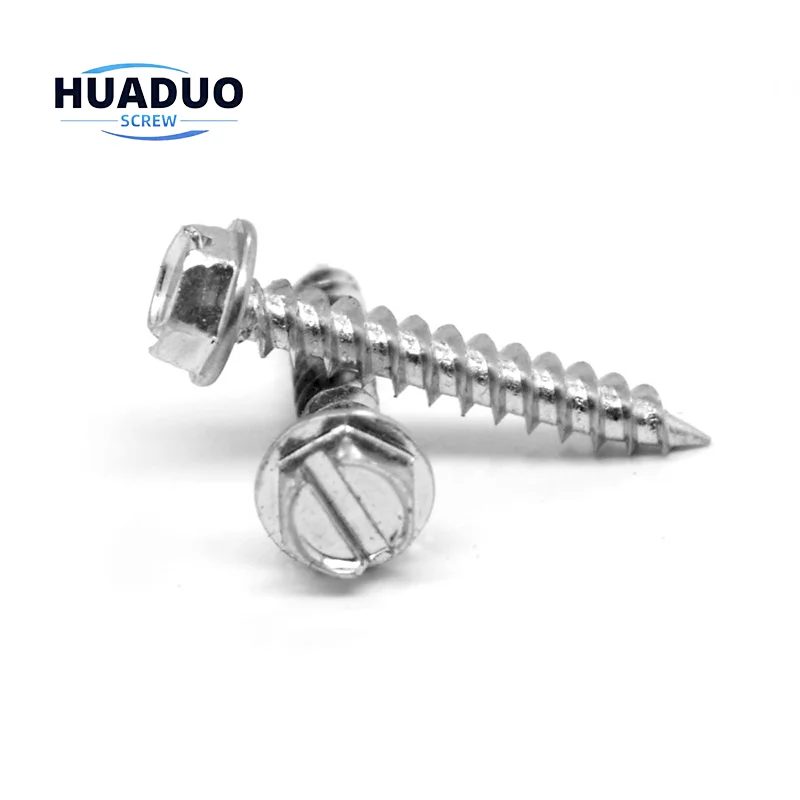 Customized  #8 #10 14# Zinc Plated Steel  Hex Flange Head Washer Slotted Drive Hex Washer Head Self Tapping Sheet Metal Screws