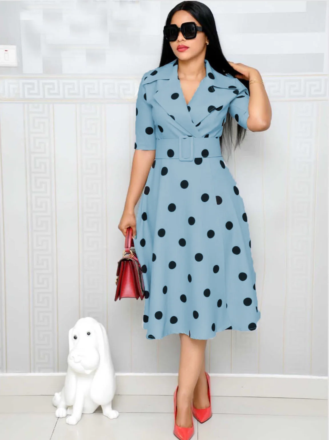 Suit Collar Point Printed Patchwork Plus-Size Women Casual dress With Belt