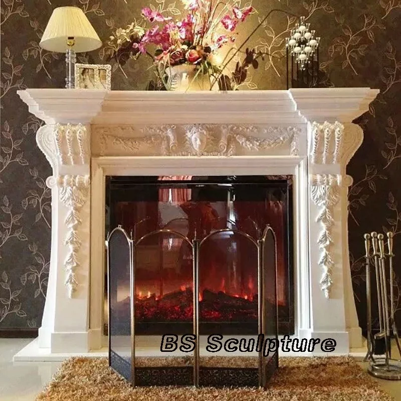 Modern Design White Marble Indoor Stone Fireplace Surround