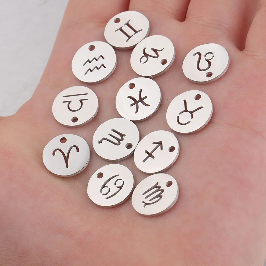 Wholesale Lucky Charm 12 Zodiac Constellations Sign Jewelry Stainless Steel Mirror Polished Pendant for Necklace Bracelet DIY