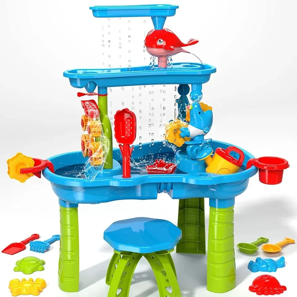 3-Tier Sand and Water Table for Kids Summer Activity Play Table with Windmill and Mold Children Sand Water Table