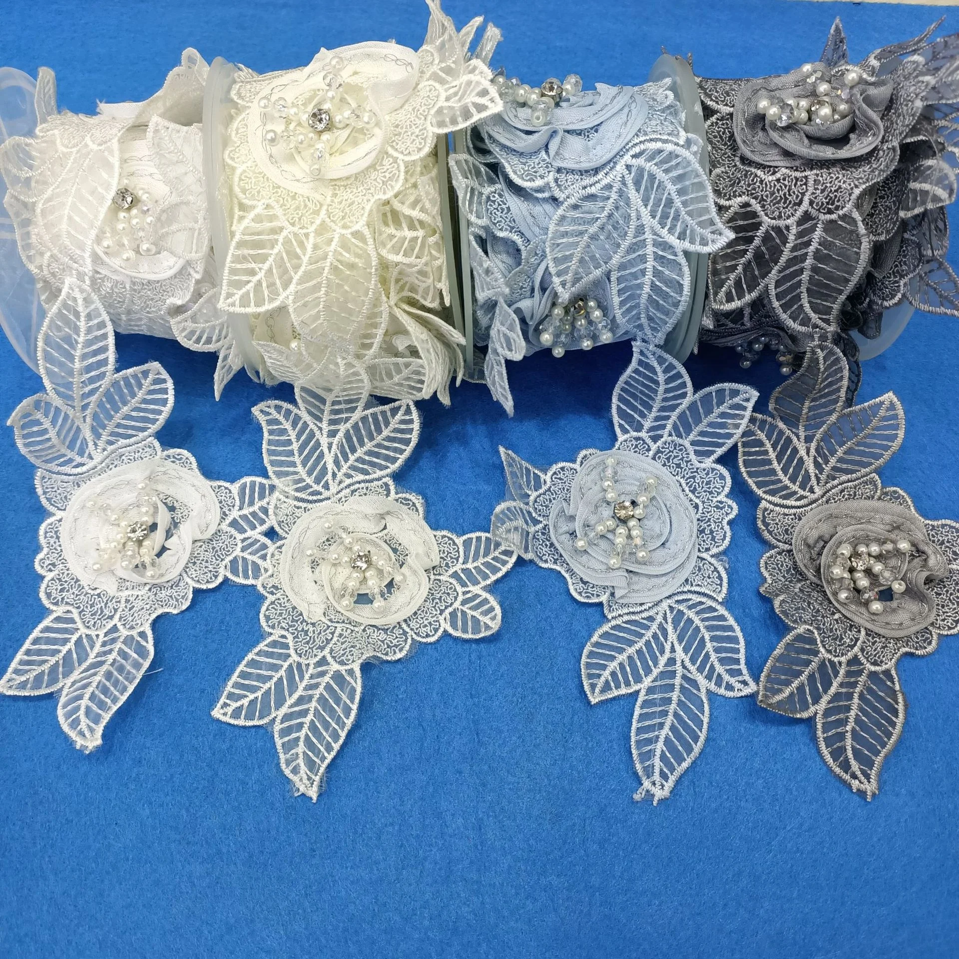 Organza embroidery fabric flower applique,DIY hand pearl beads decorative clothing lace accessories