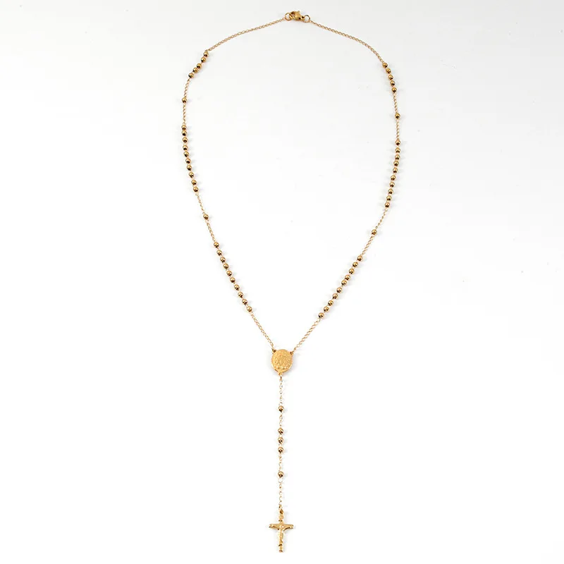 3mm Long Chain custom Cross sales products Gold christian catholic religious stainless steel rosary bead necklace