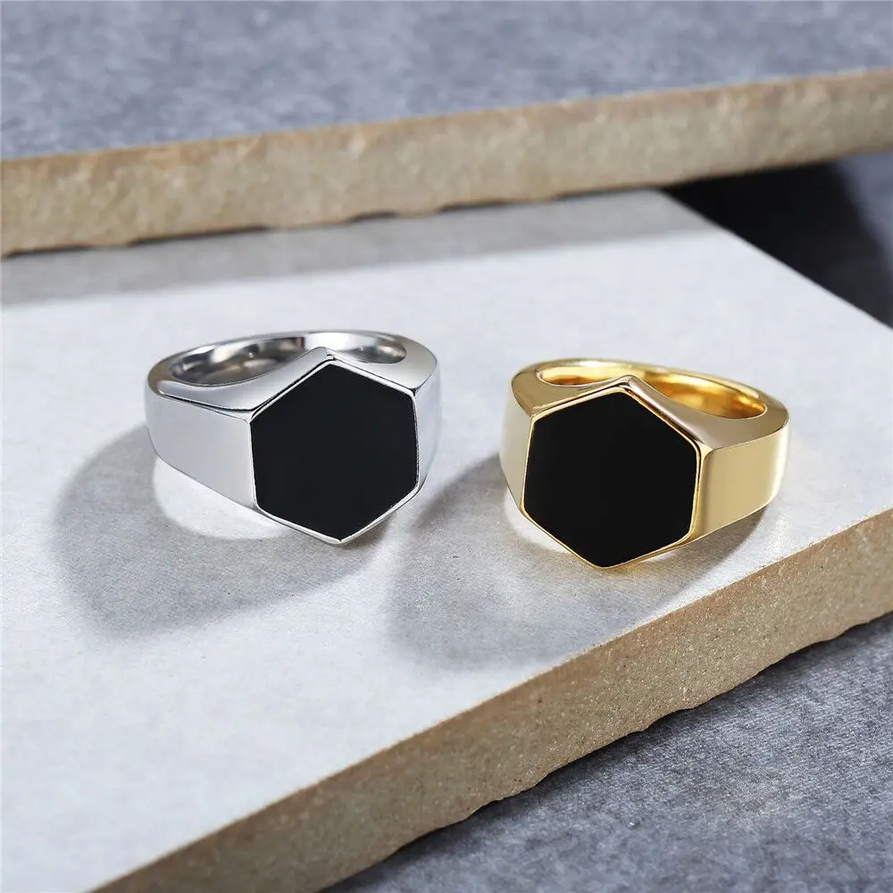Titanium Steel Gold Silver Color Punk Men Signet Rings Waterproof Mens Finger Square Black Gem Onyx Agate Ring