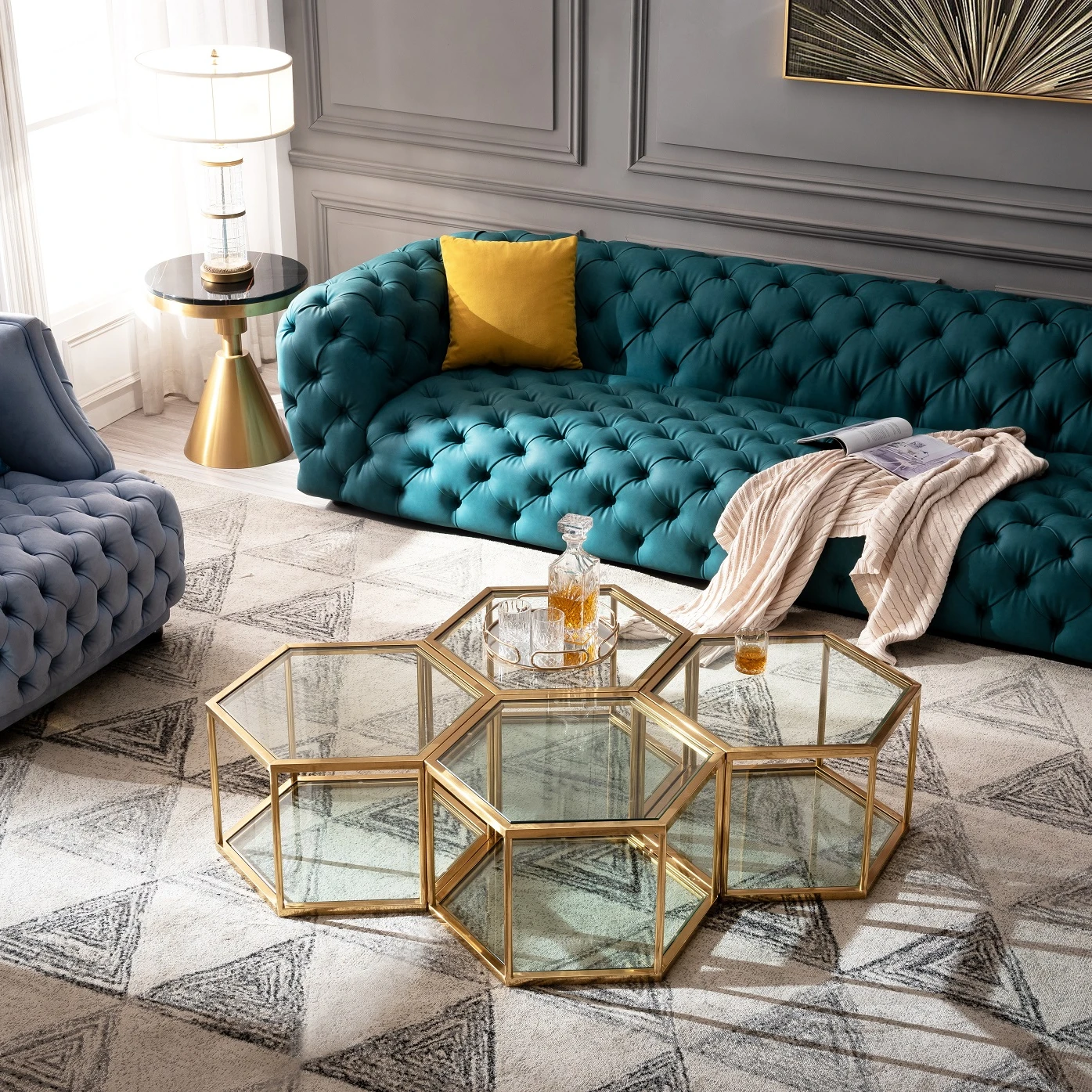 2023 Новый стиль из нержавеющей стали золотой журнальный столик для гостиной стеклянный центральный стол набор современной домашней мебели горячей продажи