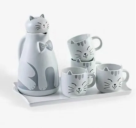 Cute cat ceramic water Set Cartoon Japanese simple office home afternoon tea kettle with tray set christmas gifts